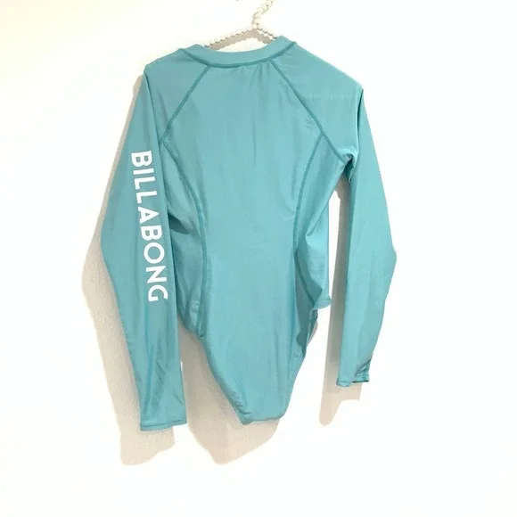 Billabong teal green long sleeve zip up one piece surfer swimsuit rashgard M - Picture 2 of 9